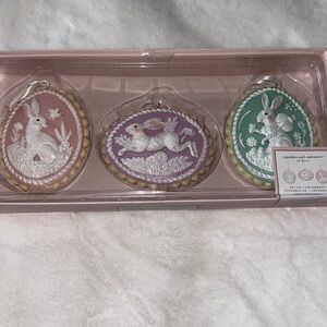 3 Springtime Bunny Ornaments 3D Flowers Butterfly Sparkle